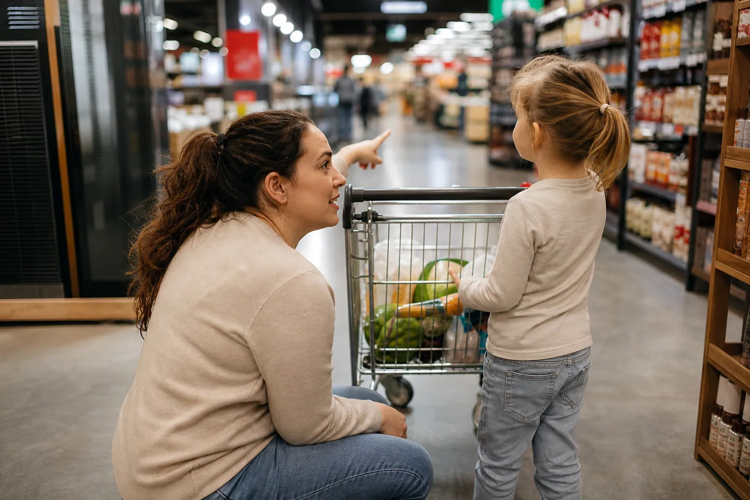 Un parent accroupi près du caddie montre le point de rendez-vous à son enfant dans un supermarché.