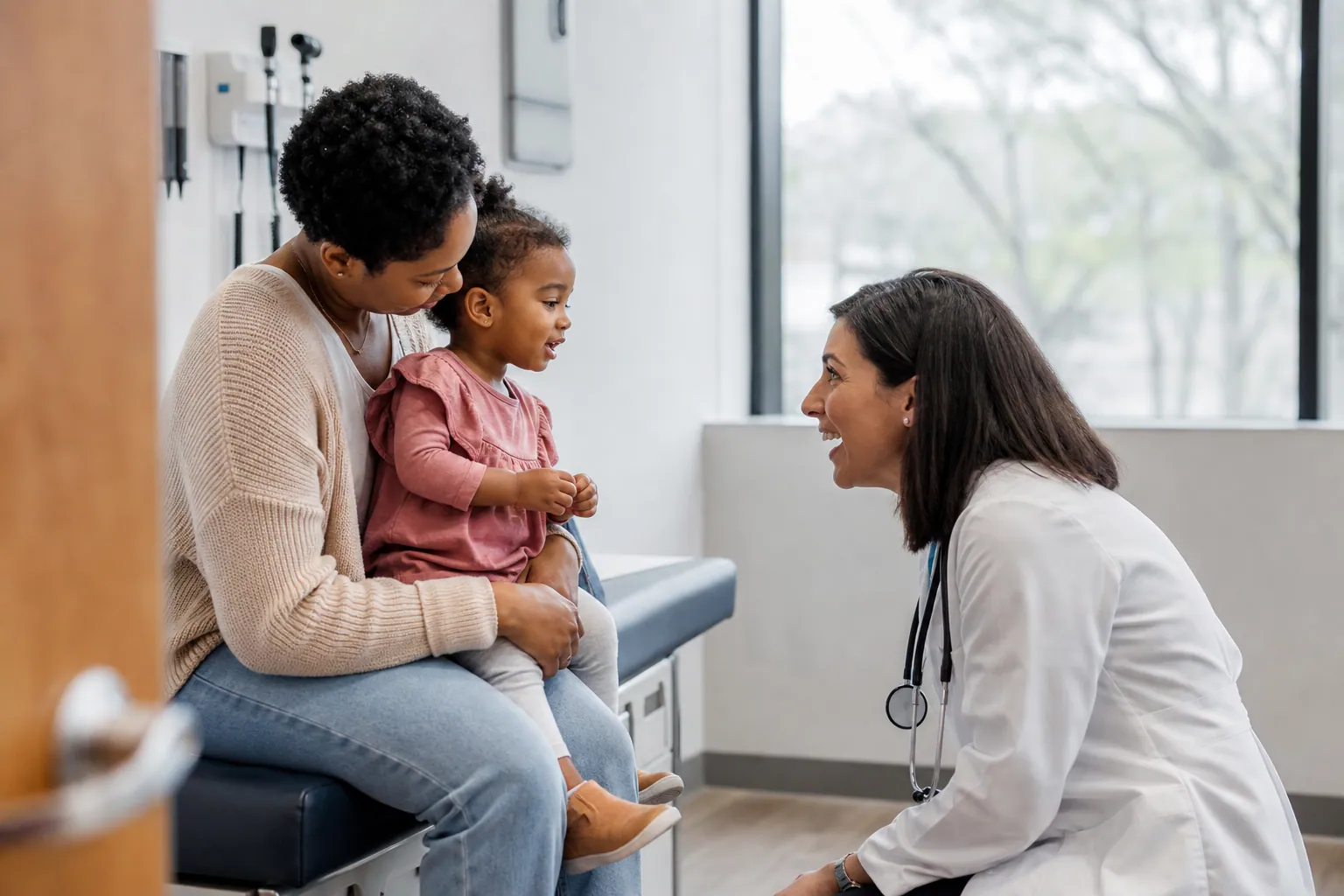 Un enfant assis sur les genoux d'un parent est rassuré par un médecin avant une piqûre