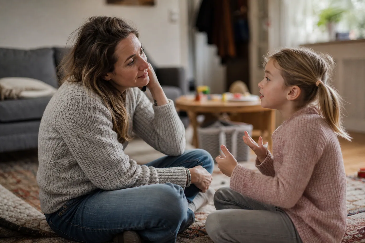 Une mère assise au sol écoute attentivement son jeune enfant qui lui parle, dans un salon lumineux