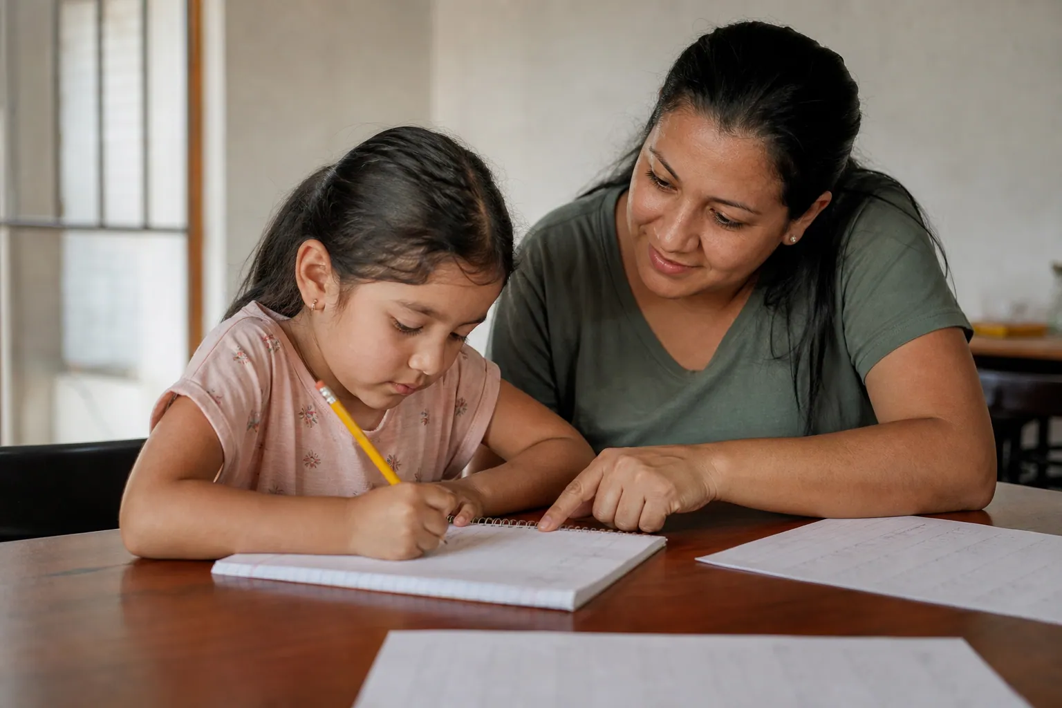 Enfant s'entraînant à écrire ses lettres dans un cahier, accompagné par un parent.