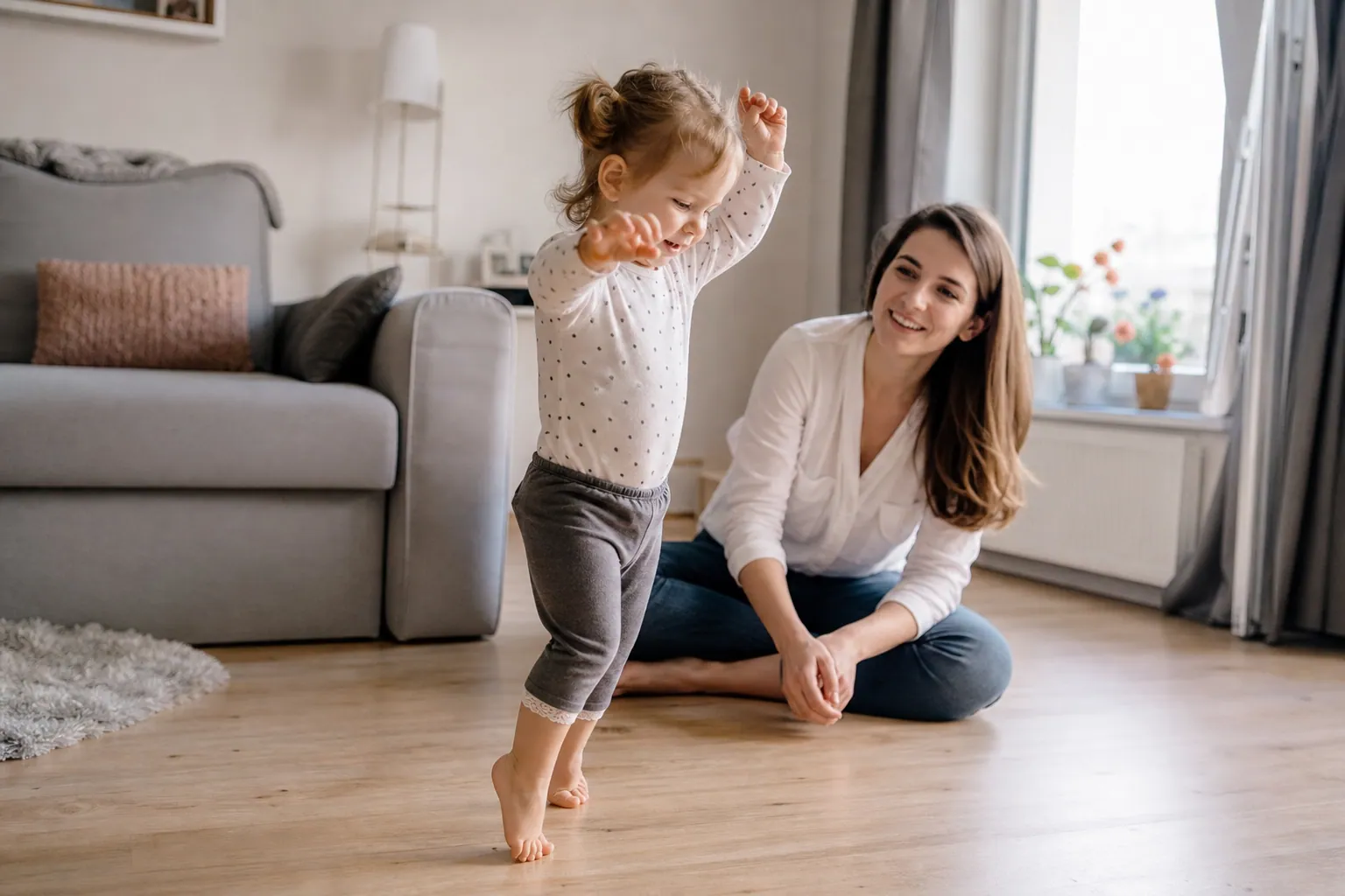 Jeune enfant marchant pieds nus sur la pointe des pieds dans le salon, sous le regard de sa mère.