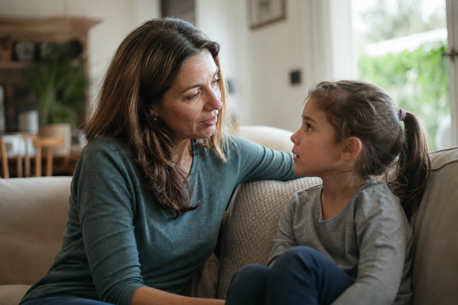 Un parent assis sur un canapé parle calmement avec son enfant, qui l'écoute attentivement.