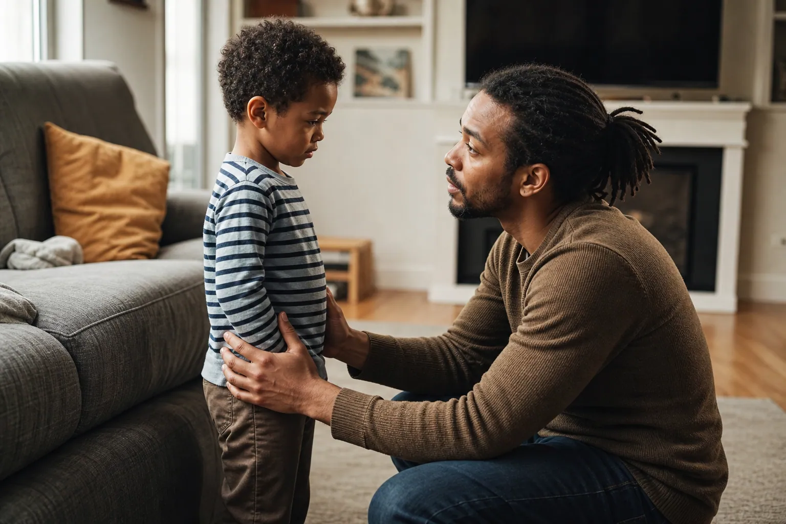 Parent agenouillé face à son enfant pour une discussion calme et bienveillante à la maison.