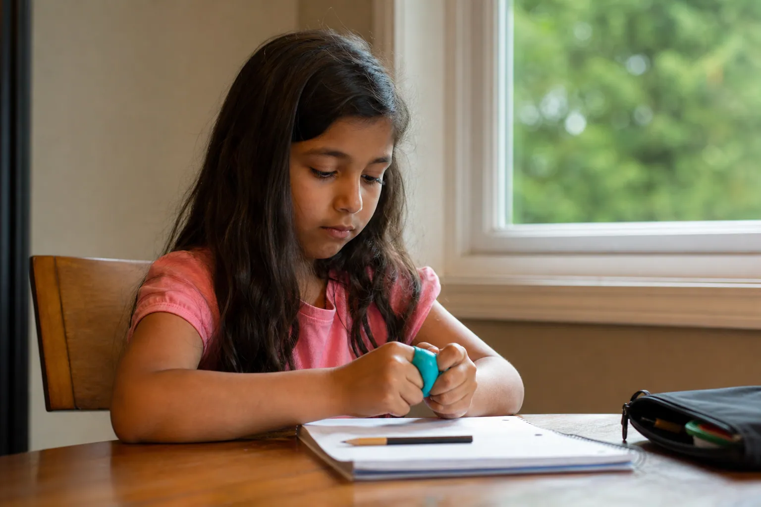 Enfant assis à une table, mains occupées avec une balle antistress plutôt que de se ronger les ongles.