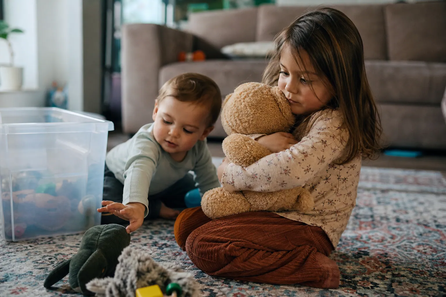 Un enfant serre son jouet préféré contre lui tandis qu'un autre enfant joue à côté