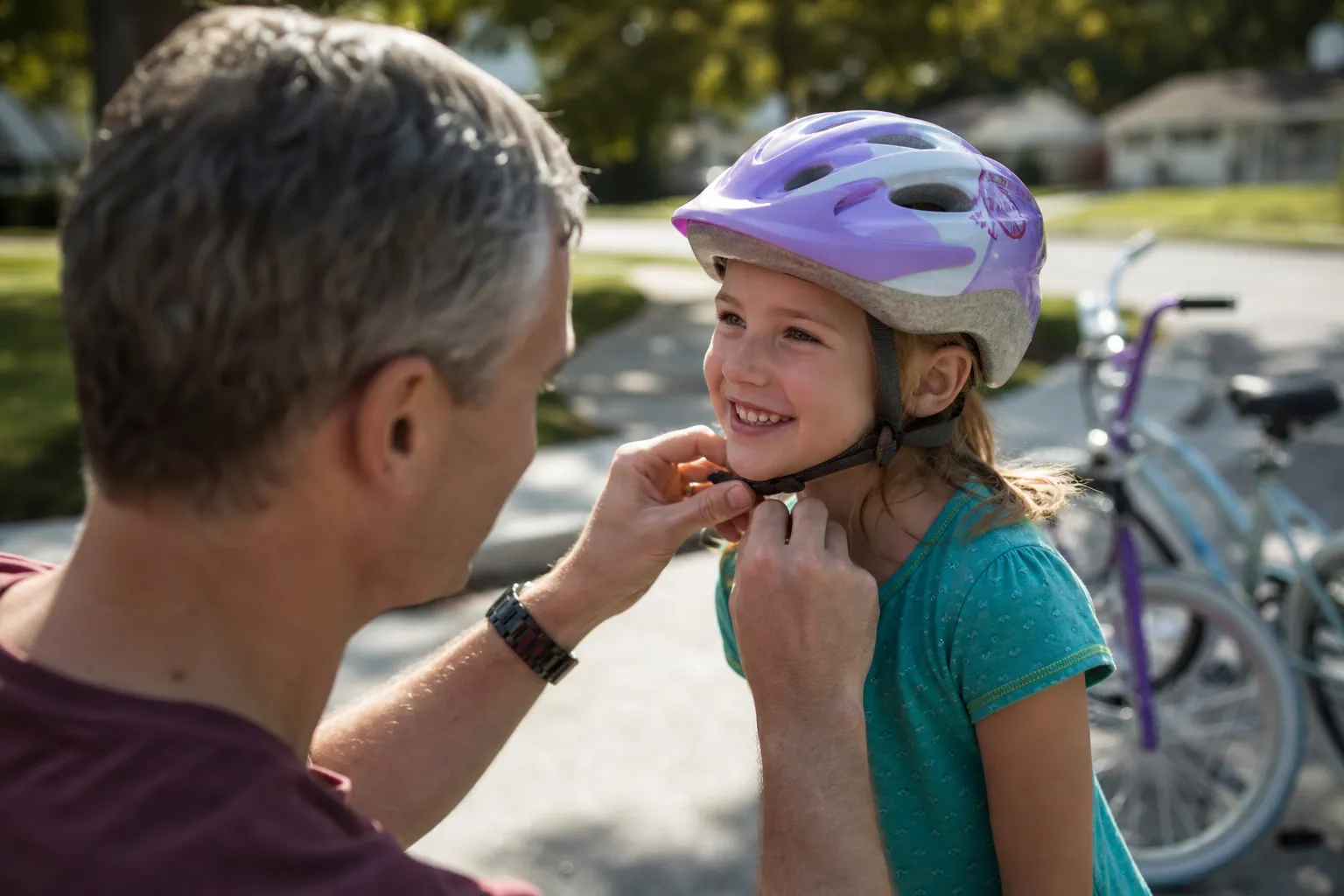 Parent ajustant le casque de vélo de son enfant avant une balade à vélo en famille.