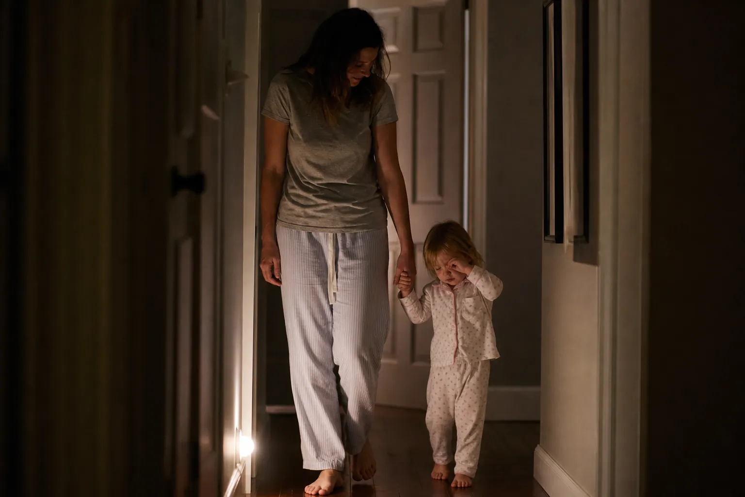 Un parent raccompagne doucement son enfant par la main dans un couloir la nuit, dans une lumière tamisée