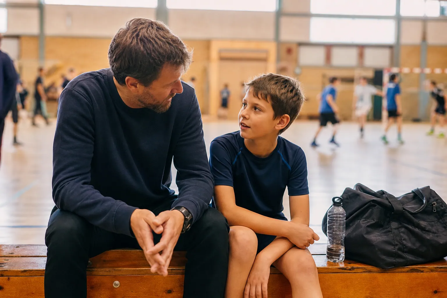 Un parent et son enfant assis sur un banc de gymnase, sac de sport à côté, discutent calmement.