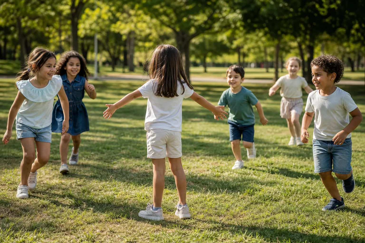 Des enfants courent à travers un pré en évitant un joueur placé au centre du terrain.