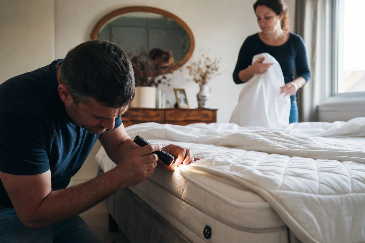 Parent inspectant un matelas pendant que le linge est traité dans une chambre familiale