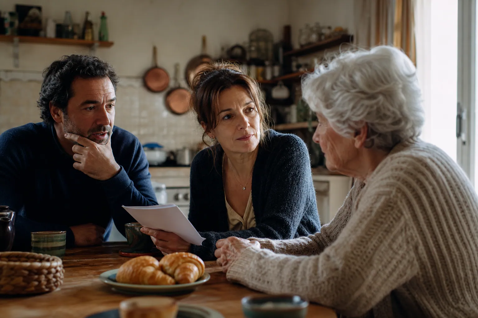 Famille discutant sereinement avec un parent âgé à la maison, autour d’une table.