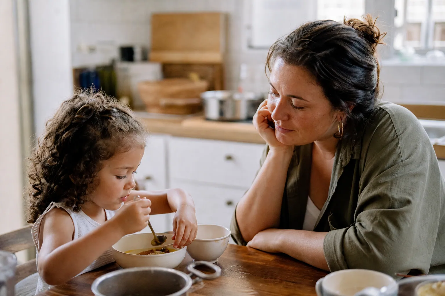 Parent surveillant attentivement son enfant pendant le repas à la table de la cuisine