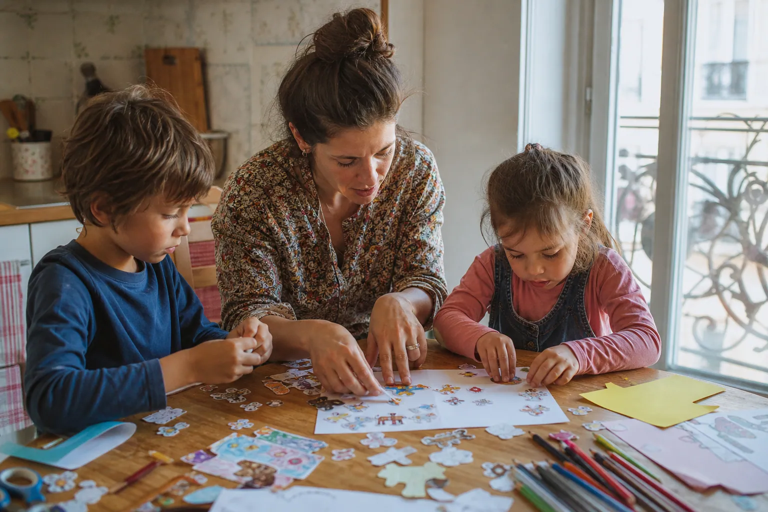 Parent et enfants fabriquant des autocollants maison autour d’une table