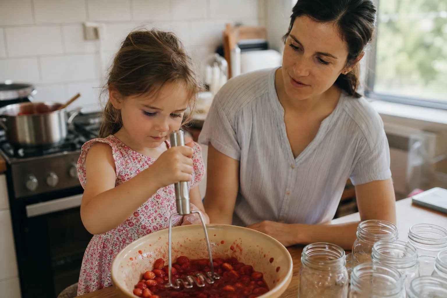 Un enfant écrase des fraises dans un saladier pour préparer de la confiture avec sa mère.