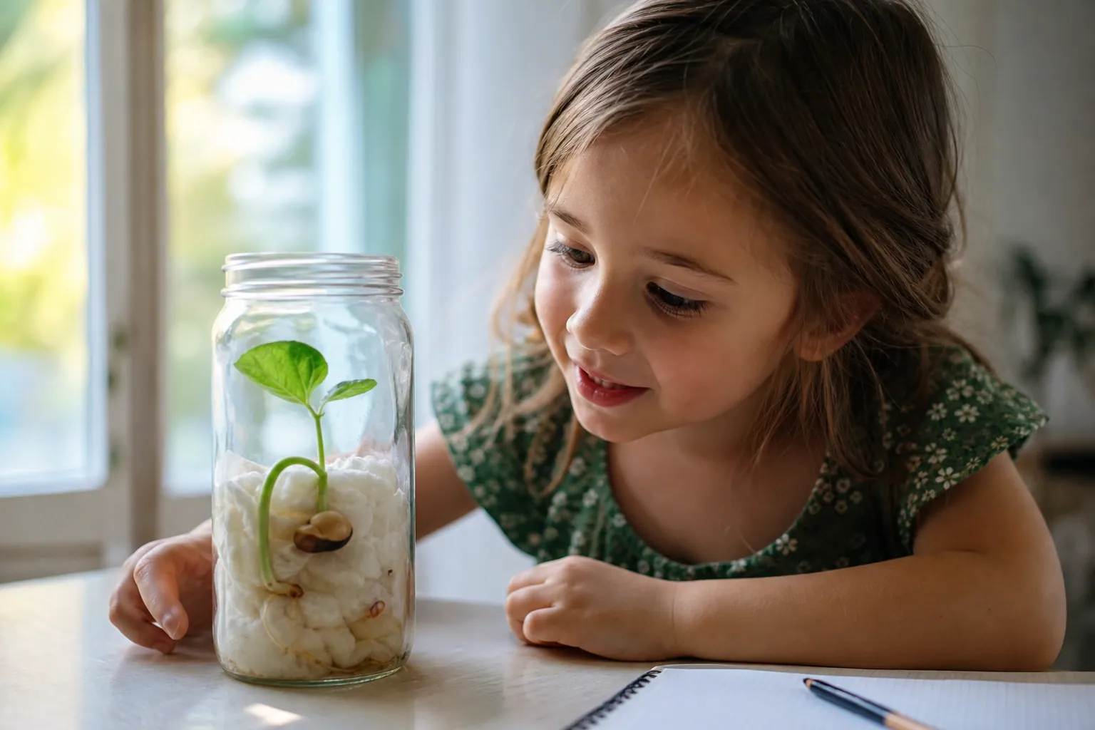 Un enfant observe une graine de haricot germer dans un pot en verre transparent.