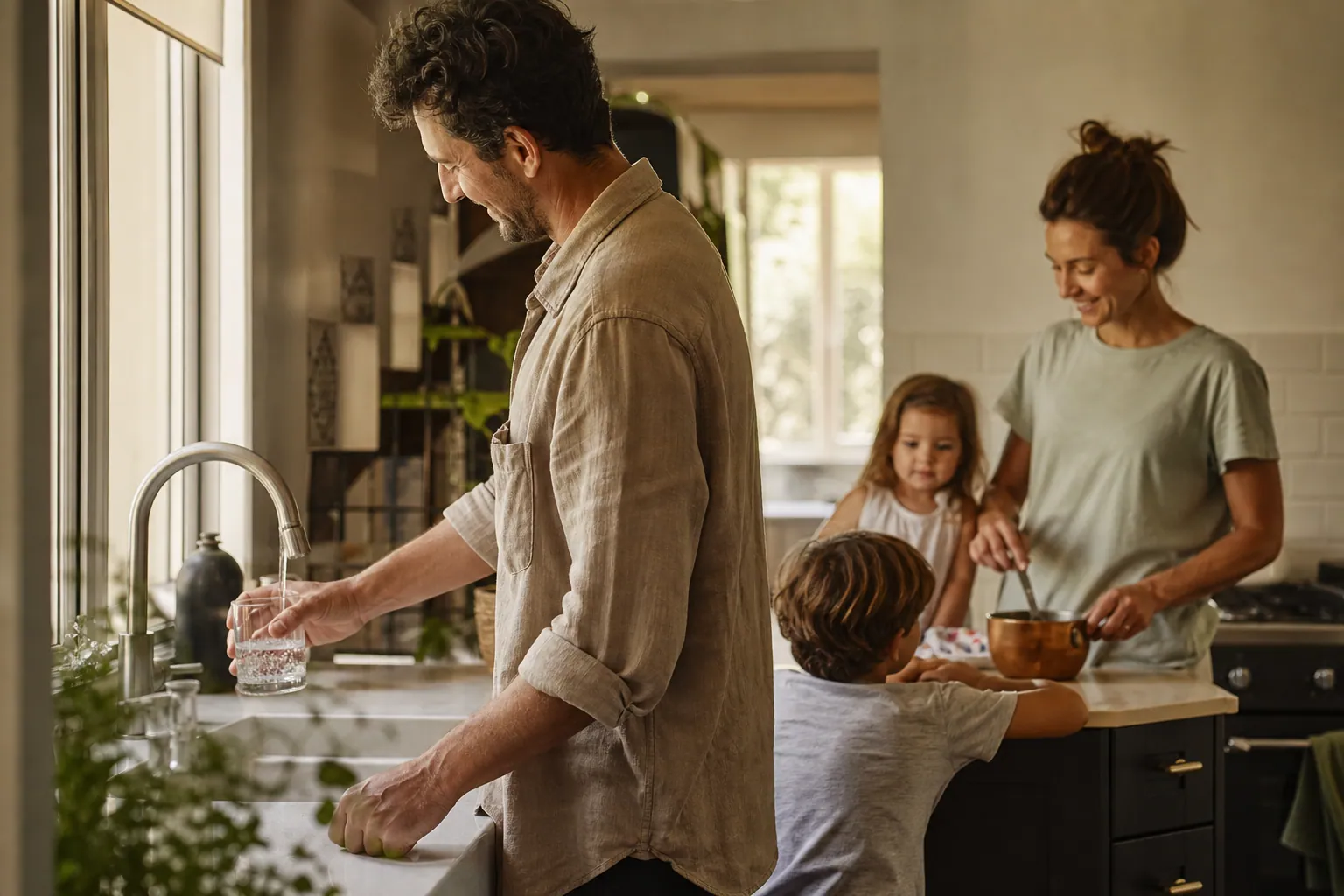 Parents français dans une cuisine lumineuse, en train de servir de l’eau au quotidien.
