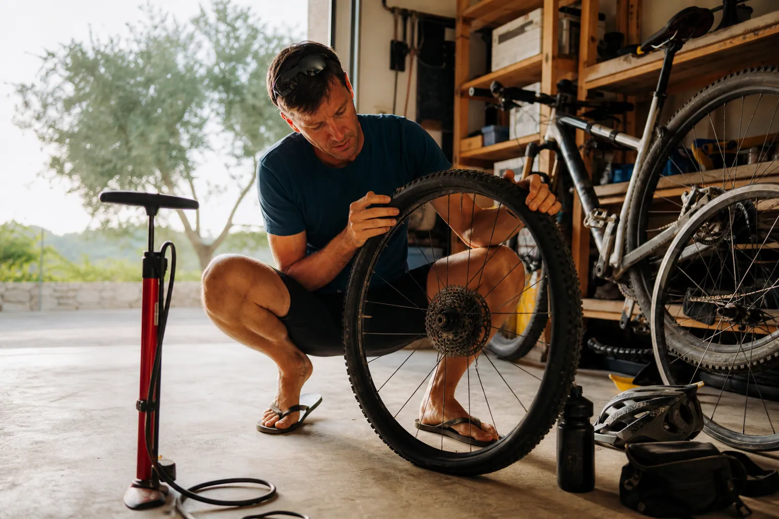 Parent préparant un vélo VTT en montage tubeless dans un garage lumineux.