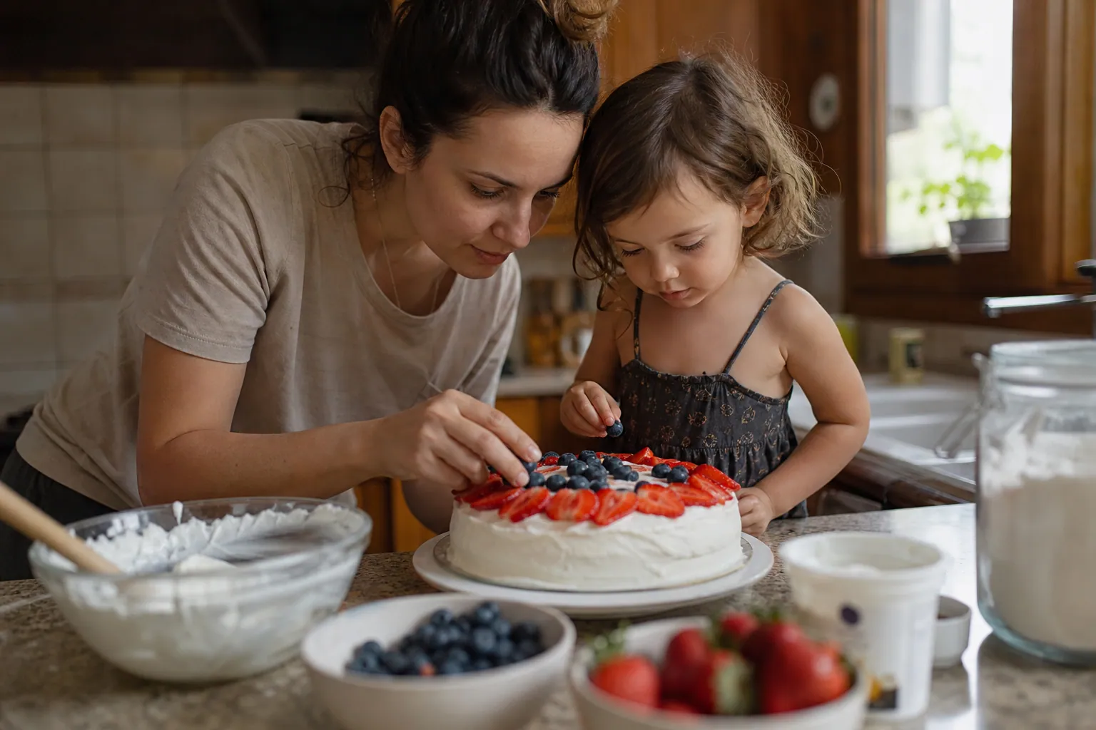 Un parent et son enfant décorent ensemble un gâteau d'anniversaire moelleux dans une cuisine baignée de lumière