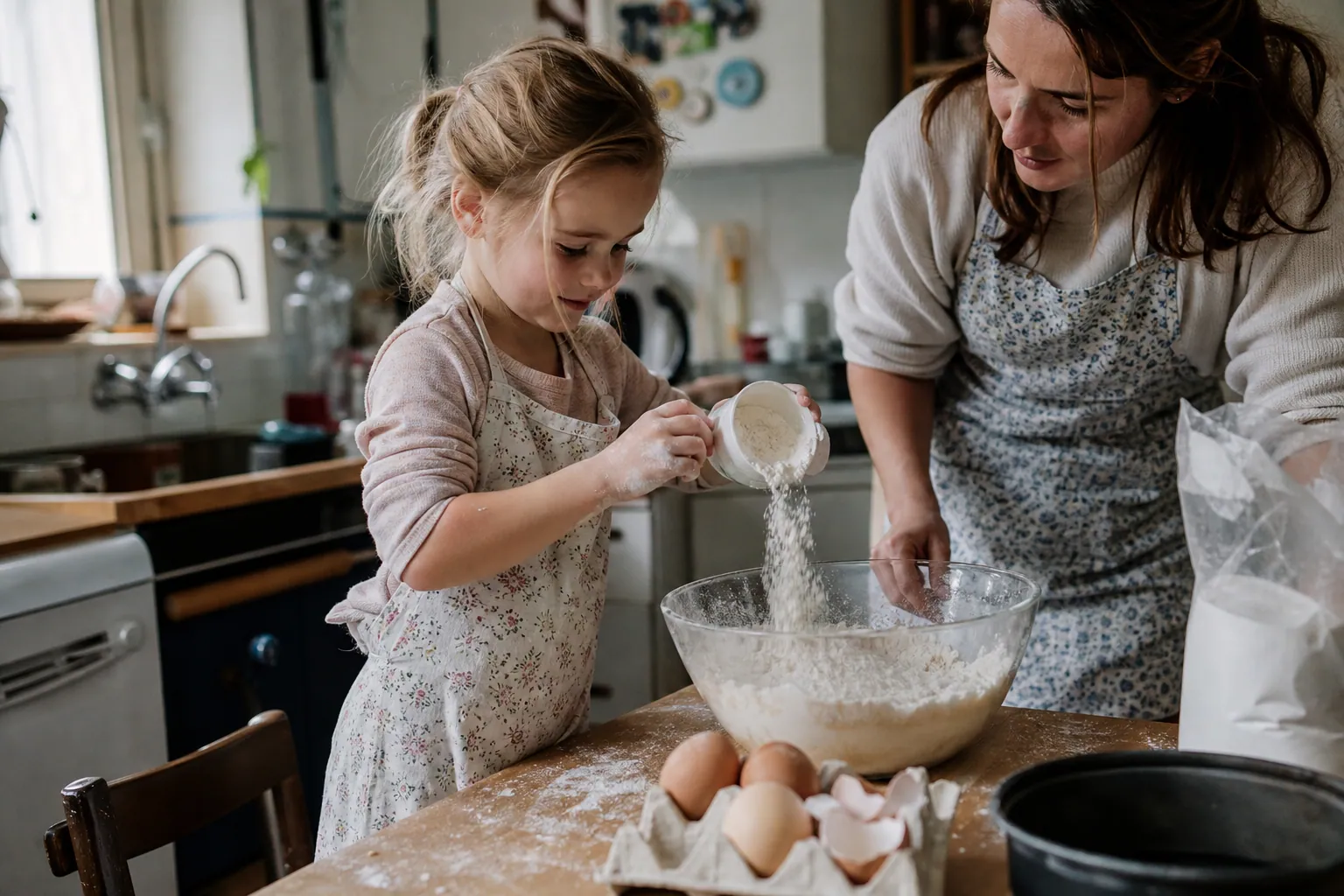 Un enfant verse de la farine avec un petit pot dans un saladier, aidé par un parent dans la cuisine.