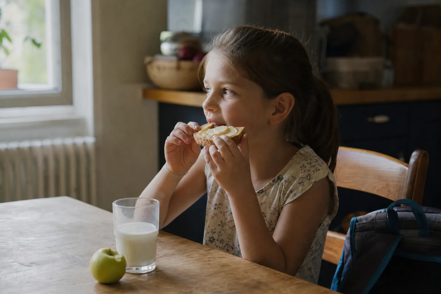 Enfant qui prend un goûter équilibré à table après l'école, pain, fruit et lait
