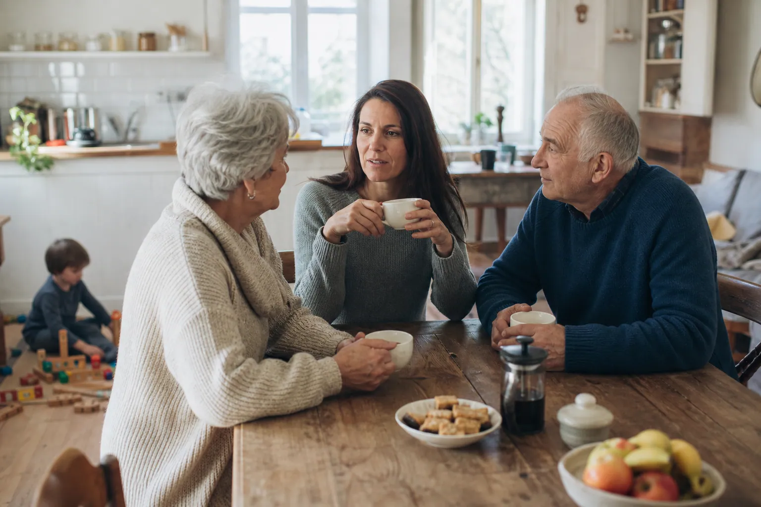Des grands-parents discutent calmement avec leur fille autour d'un café, un enfant joue en arrière-plan.