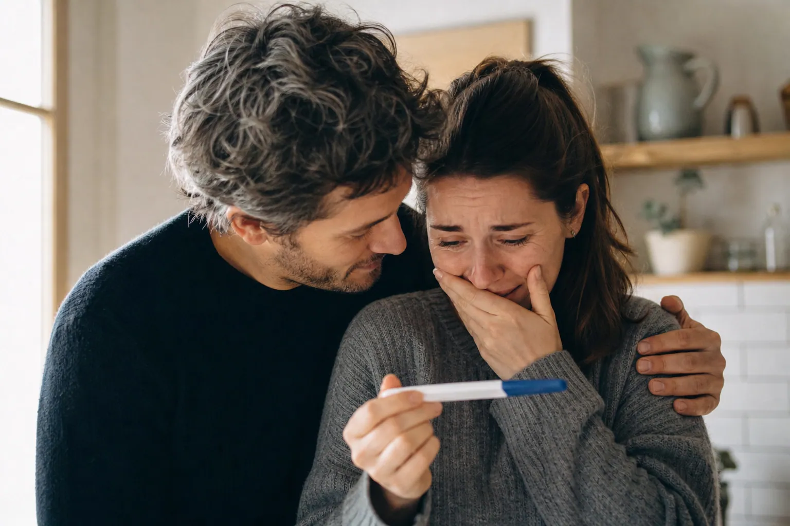 Couple français souriant après une grossesse naturelle, dans une ambiance de maison chaleureuse.