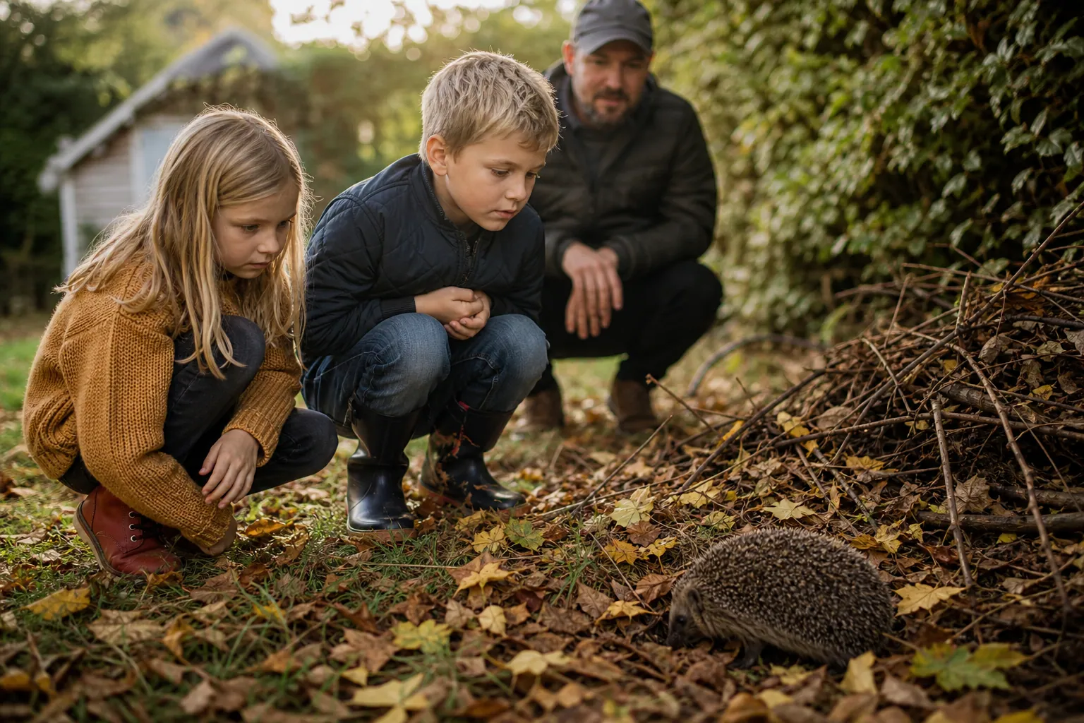 Deux enfants observent à distance un hérisson qui marche sur des feuilles mortes au pied d'une haie.