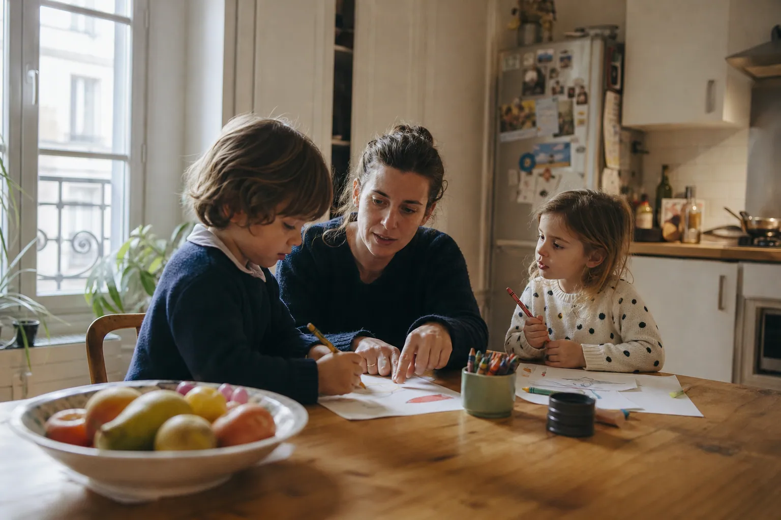 Parent et enfants réalisant une activité éducative à la maison autour de la table
