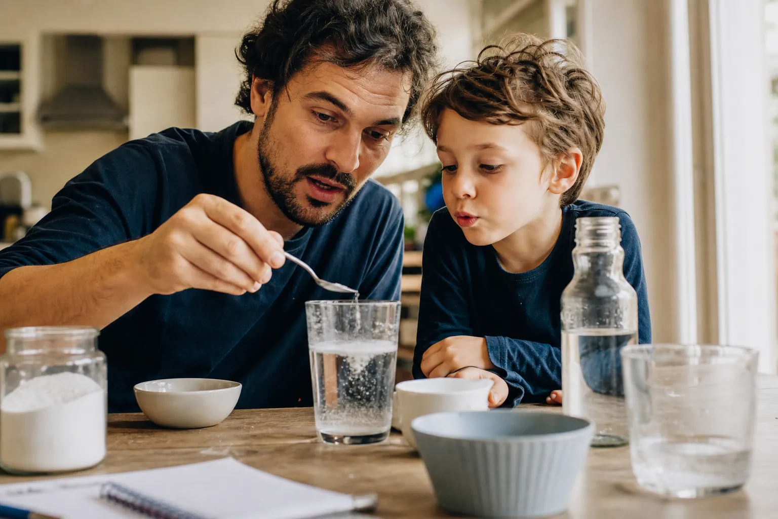 Parent et enfant réalisant une expérience scientifique simple à la maison, avec matériel du quotidien.