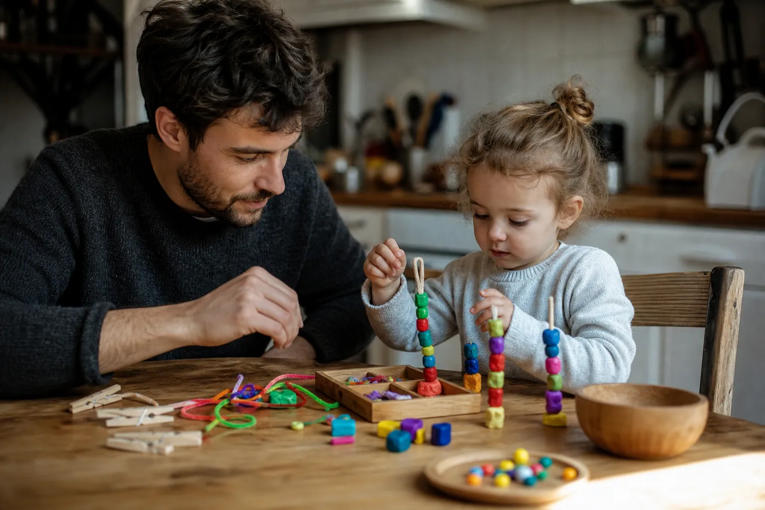 Parent et enfant manipulant des perles et de la pâte à modeler à la maison