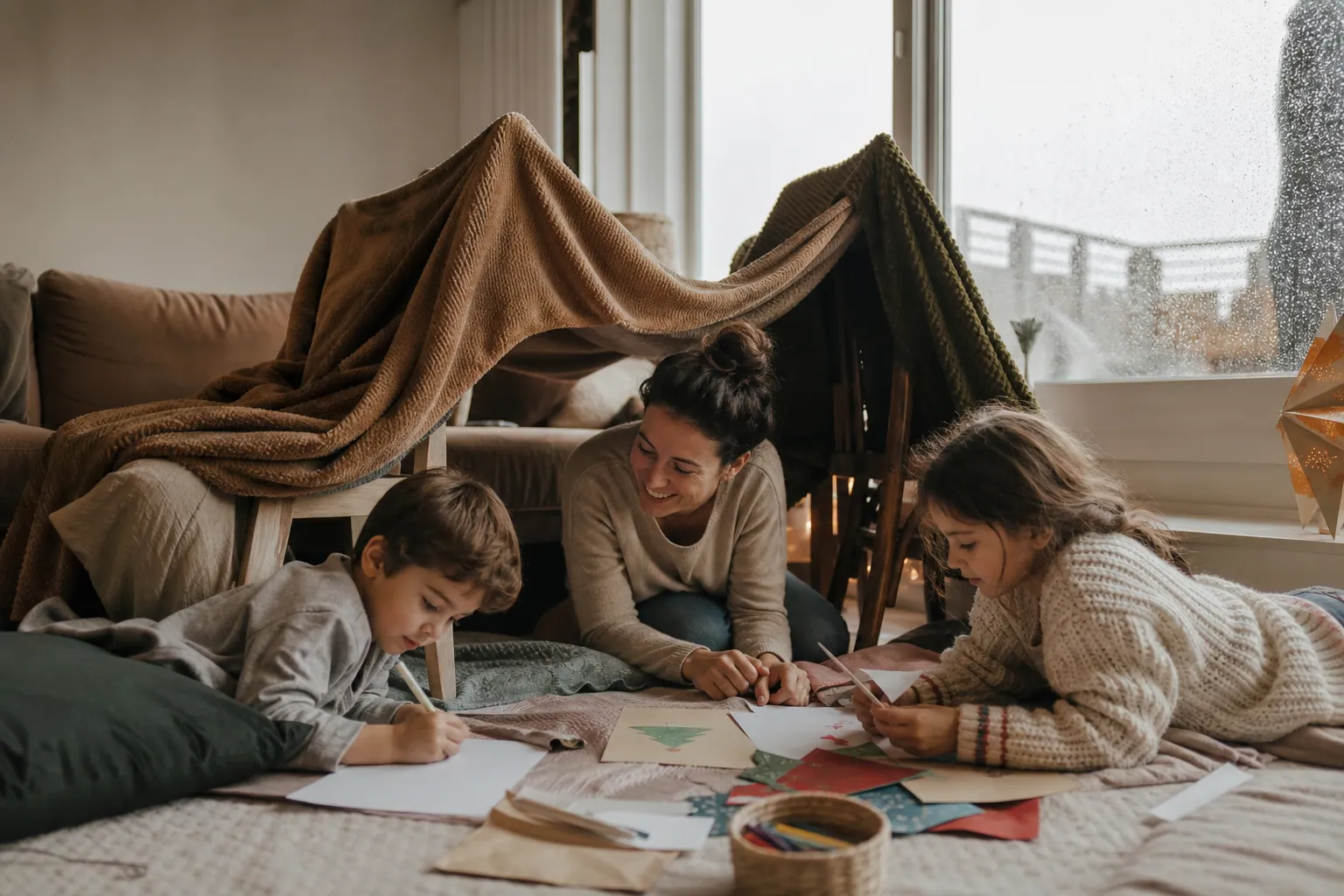 Famille française jouant et bricolant à l’intérieur pendant une journée de pluie
