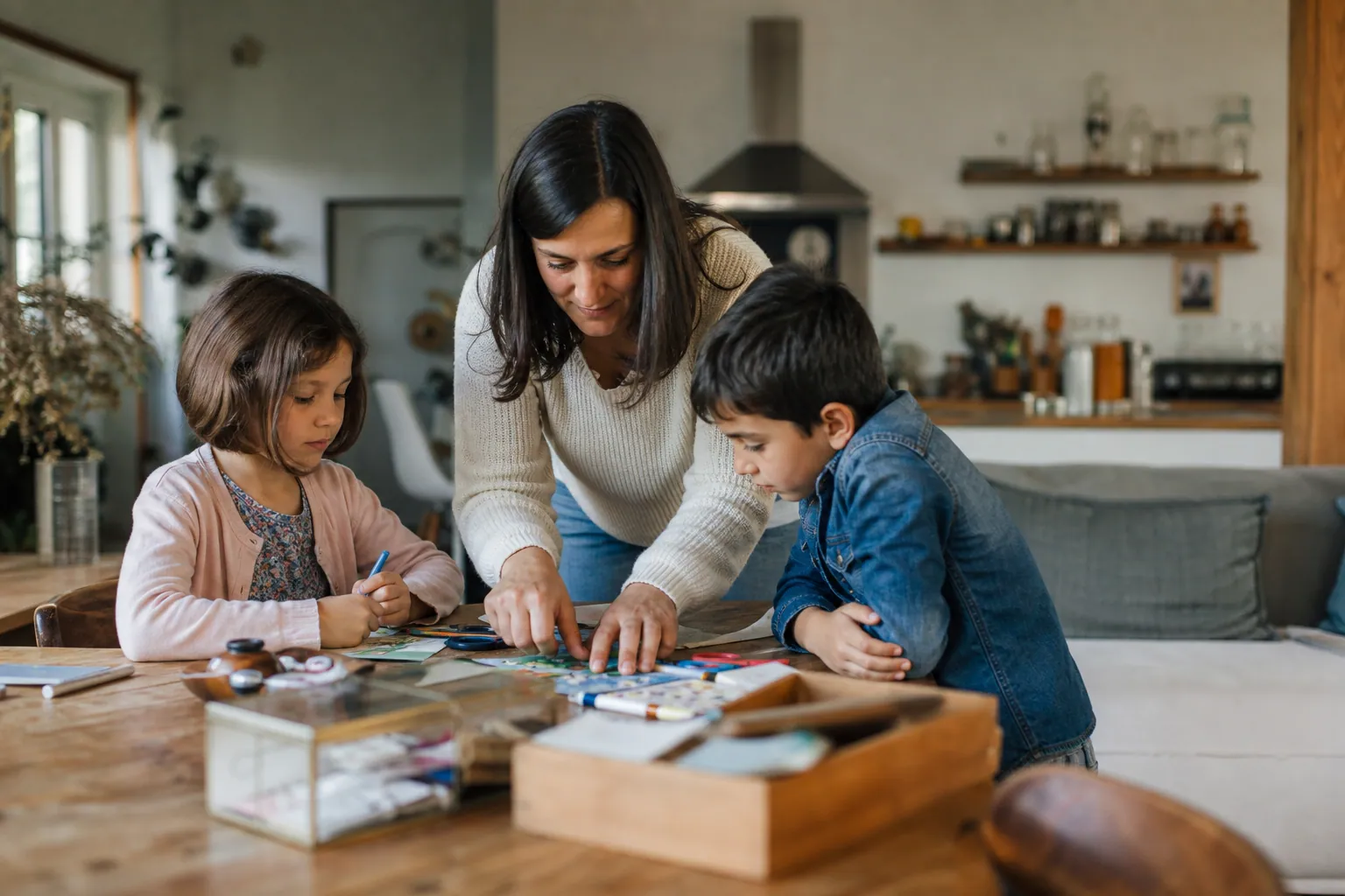 Famille française à table avec des activités créatives pendant les vacances