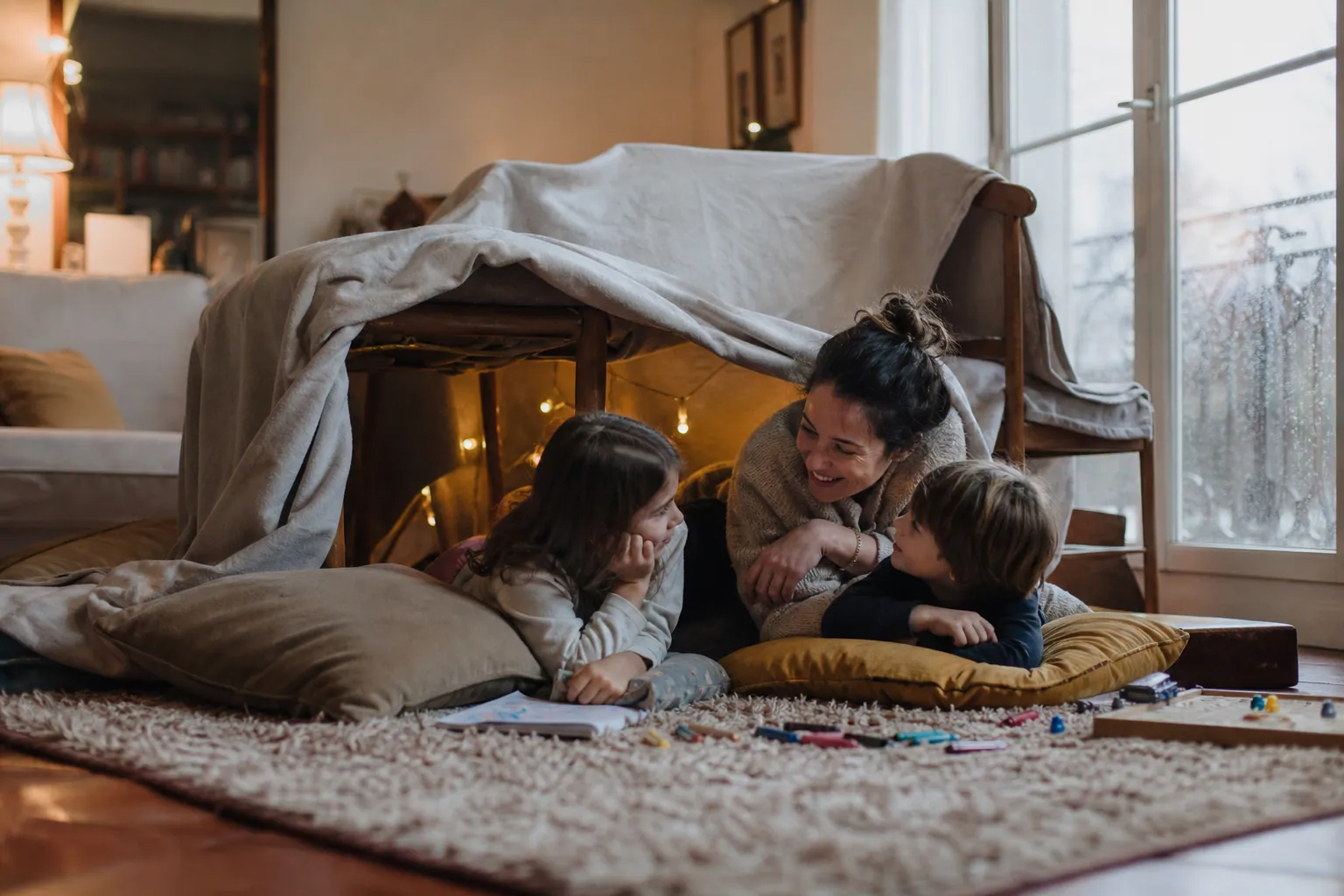 Enfants et parent jouant à l’intérieur dans un salon, avec cabane de couvertures et dessins.