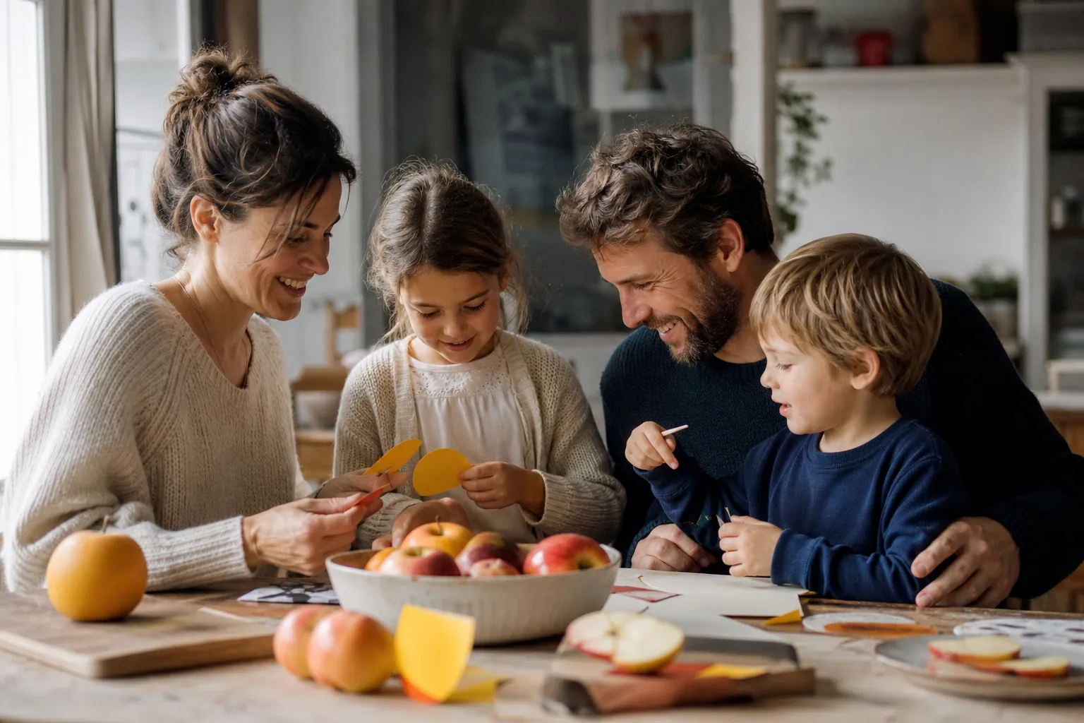 Famille française souriante autour d’une activité simple à la maison, en train de créer ensemble.