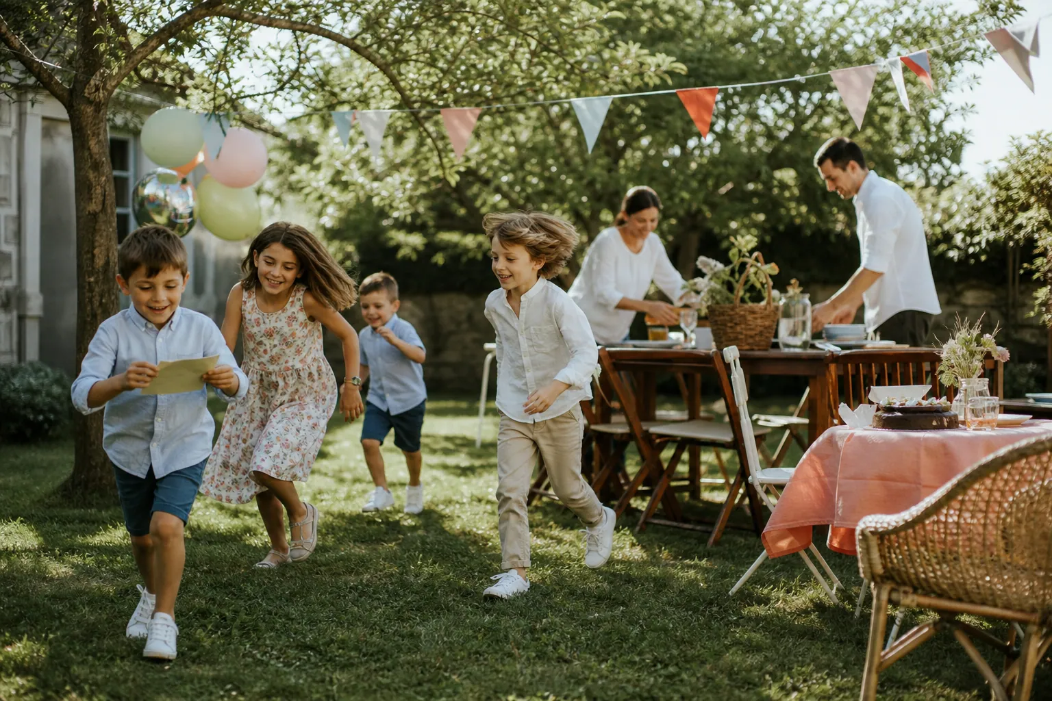 Enfants jouant à la chasse au trésor dans un jardin pour un anniversaire en plein air.