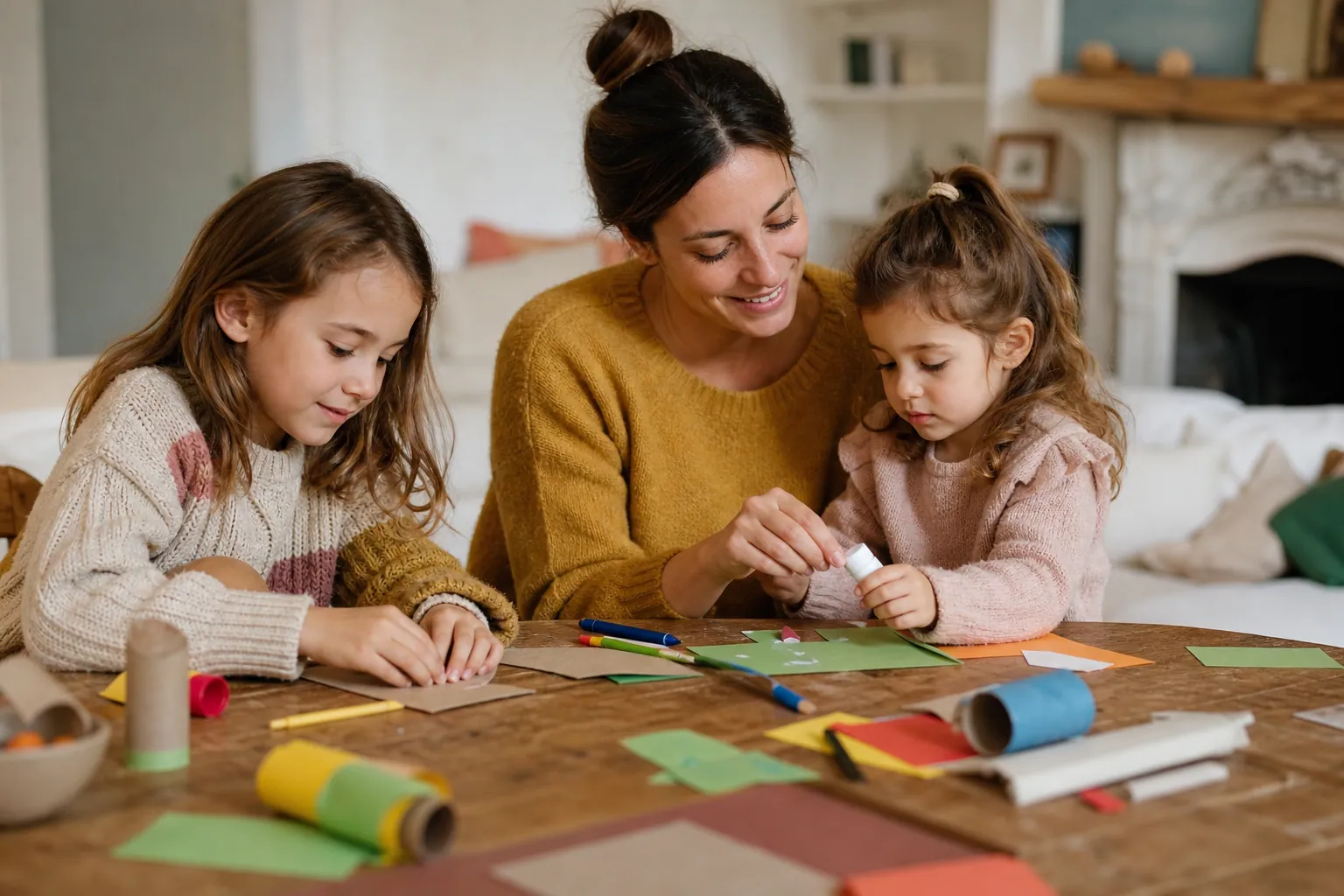 Parent et enfants faisant un bricolage simple à la maison autour d'une table