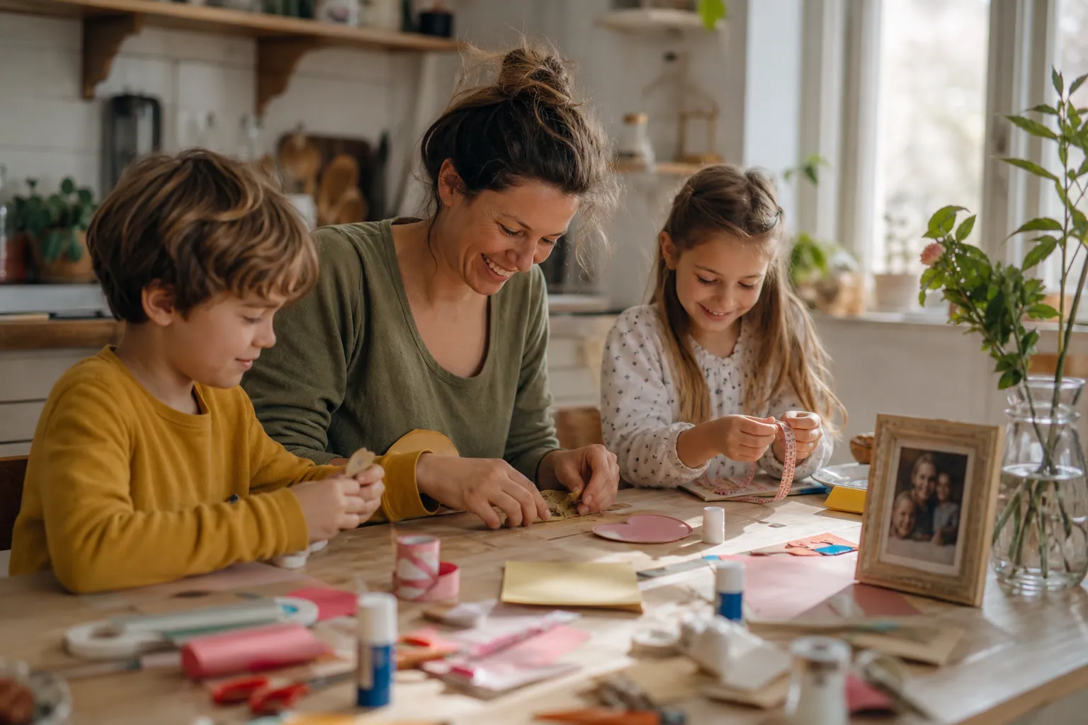 Enfant et parent fabriquant un cadeau maison pour la fête des mères