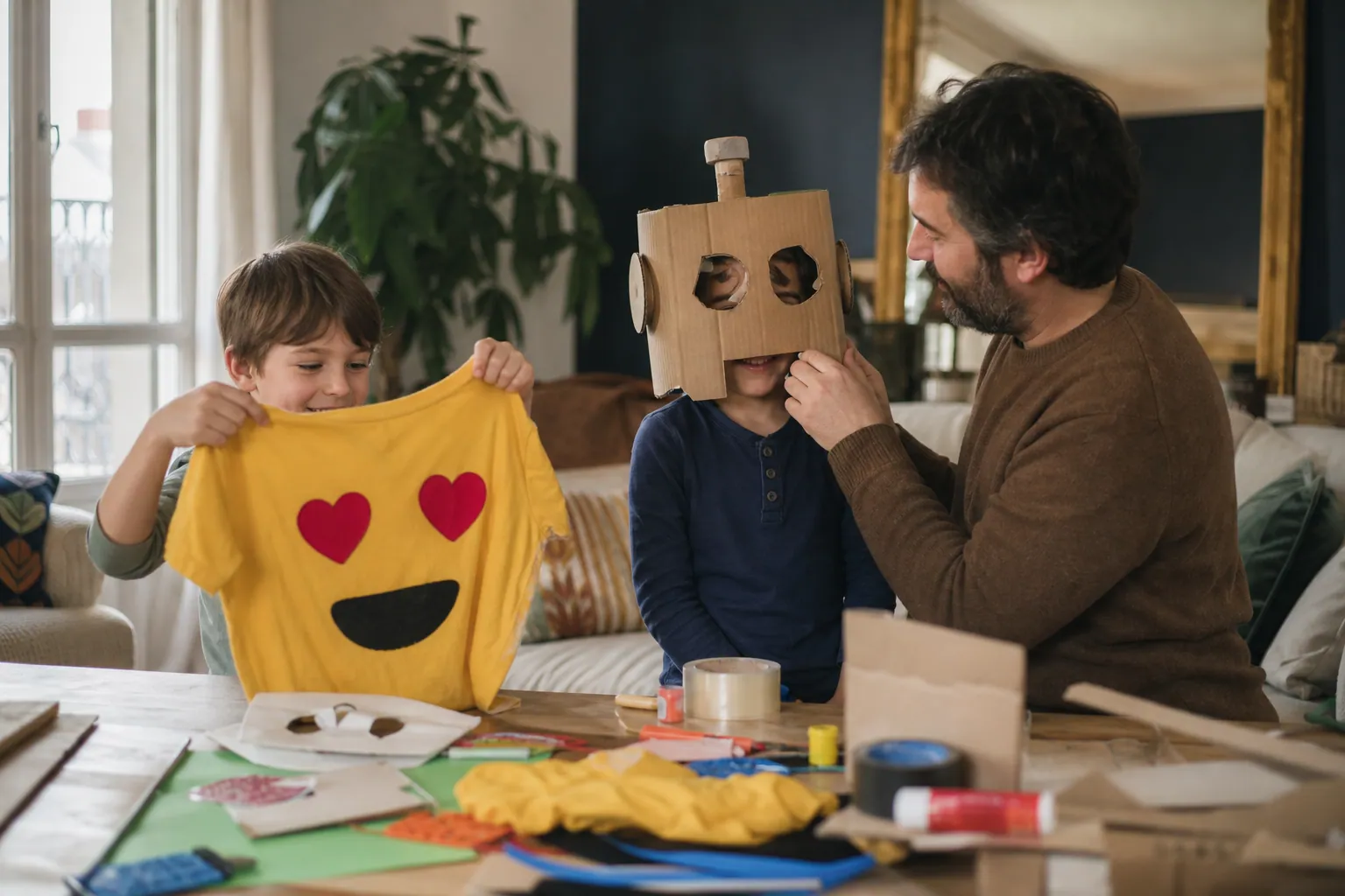 Parent et enfants préparant des déguisements maison faciles à la maison.