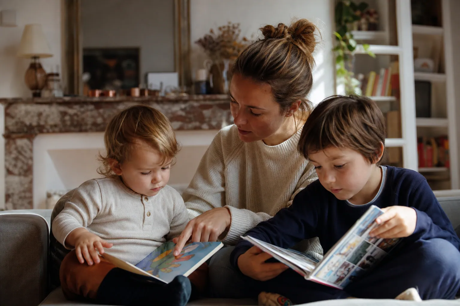 Parent et enfants lisant des livres adaptés à leur âge dans un salon lumineux.