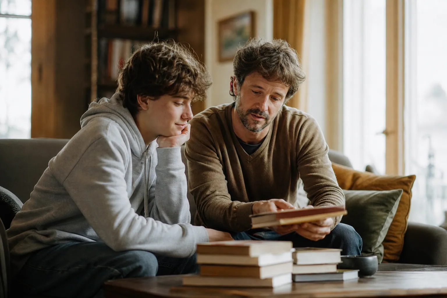 Parent et ado assis sur un canapé, entourés de livres, en train de choisir une lecture.
