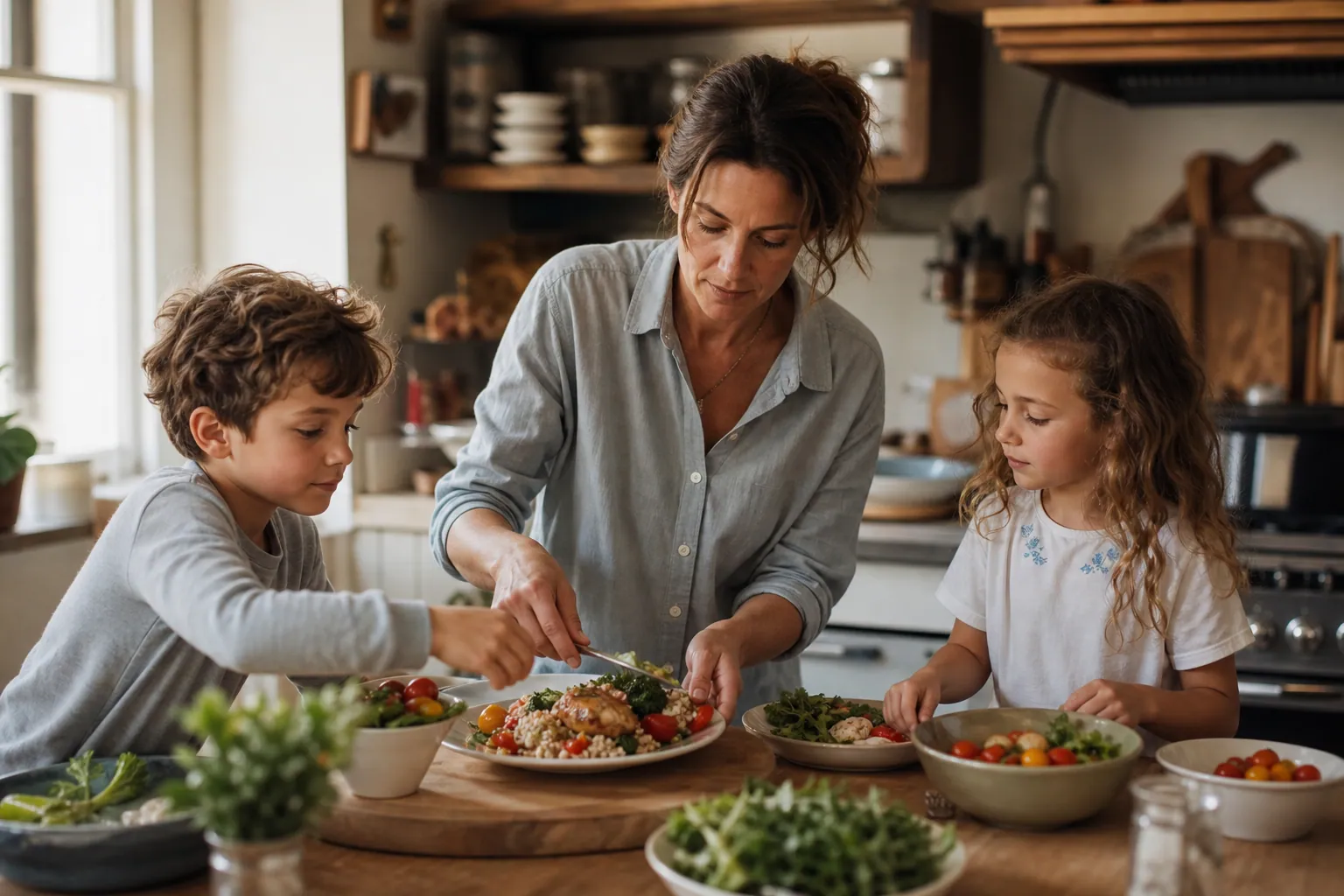Famille française préparant un dîner sain et coloré dans une cuisine chaleureuse.