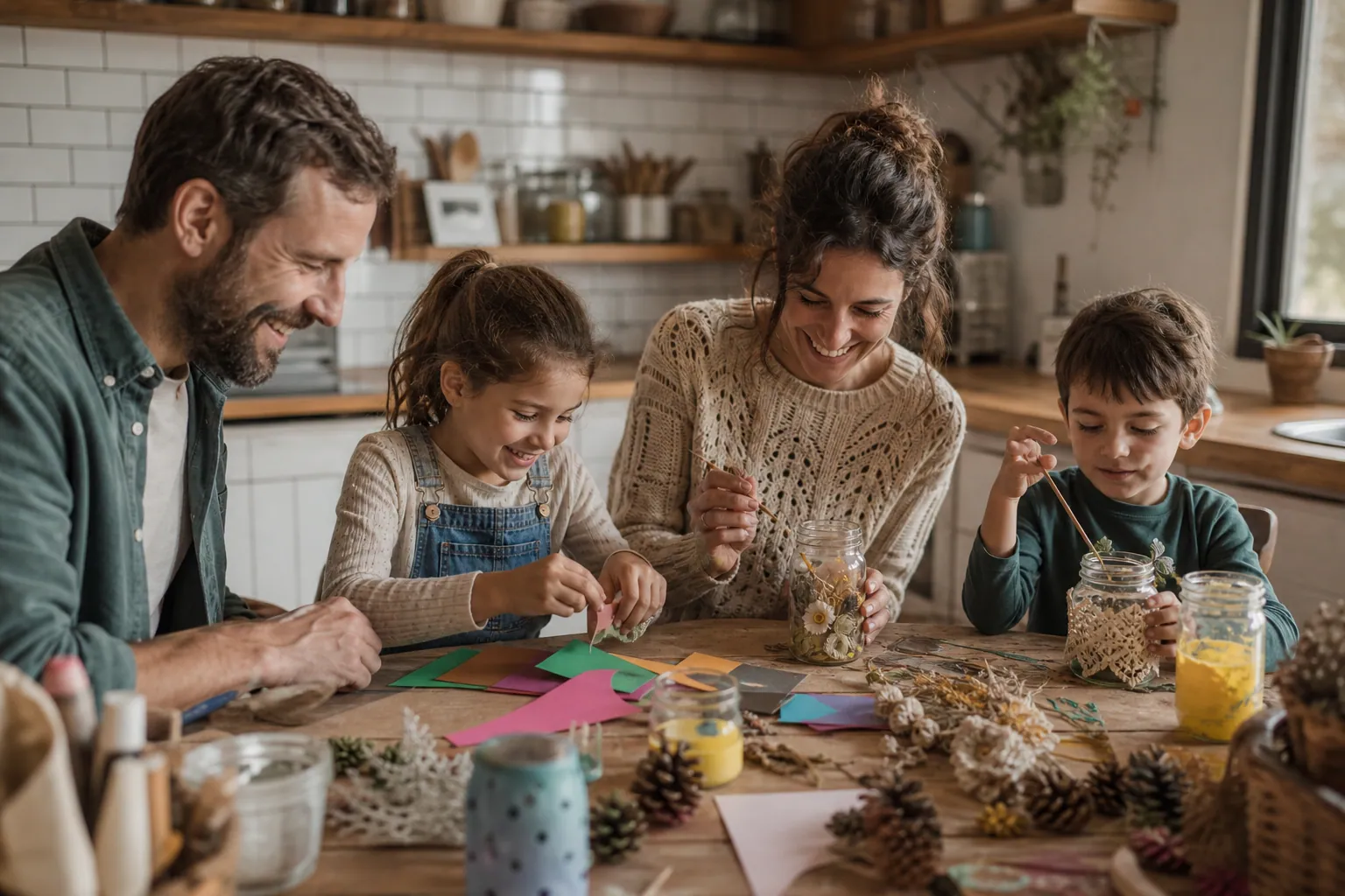 Parents et enfants bricolant ensemble autour d’une table avec des matériaux de récup