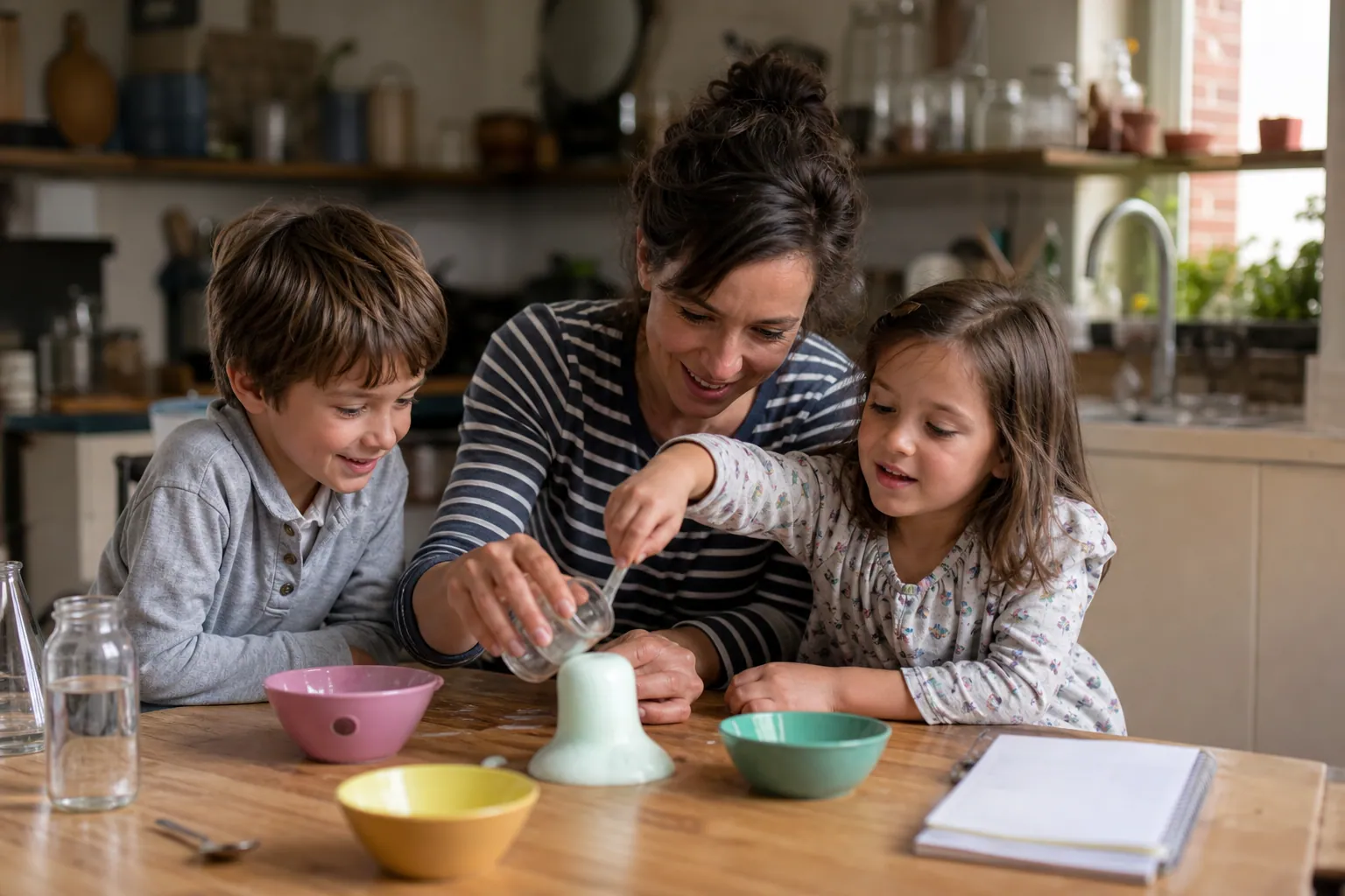 Famille réalisant une expérience scientifique colorée à la maison autour d’une table.