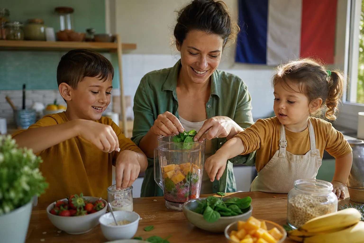 Parent et enfants préparent des smoothies colorés dans une cuisine familiale.
