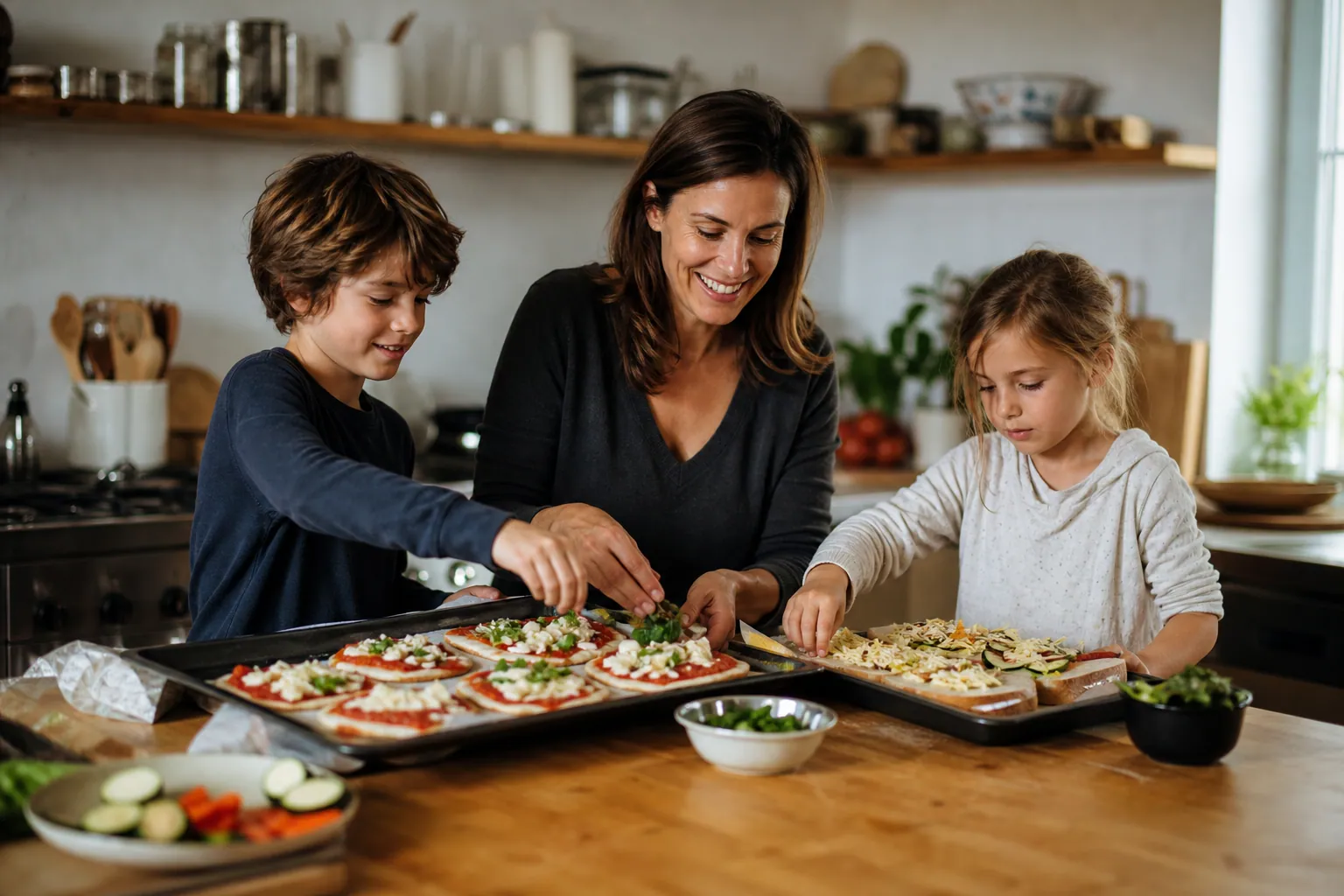 Parent et enfants préparant des mini pizzas et des croques dans une cuisine familiale