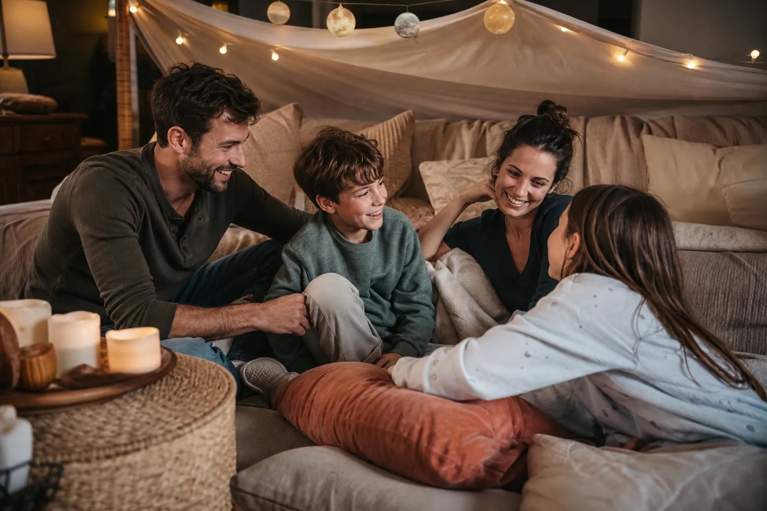 Famille française riant lors d’une soirée à thème chaleureuse à la maison