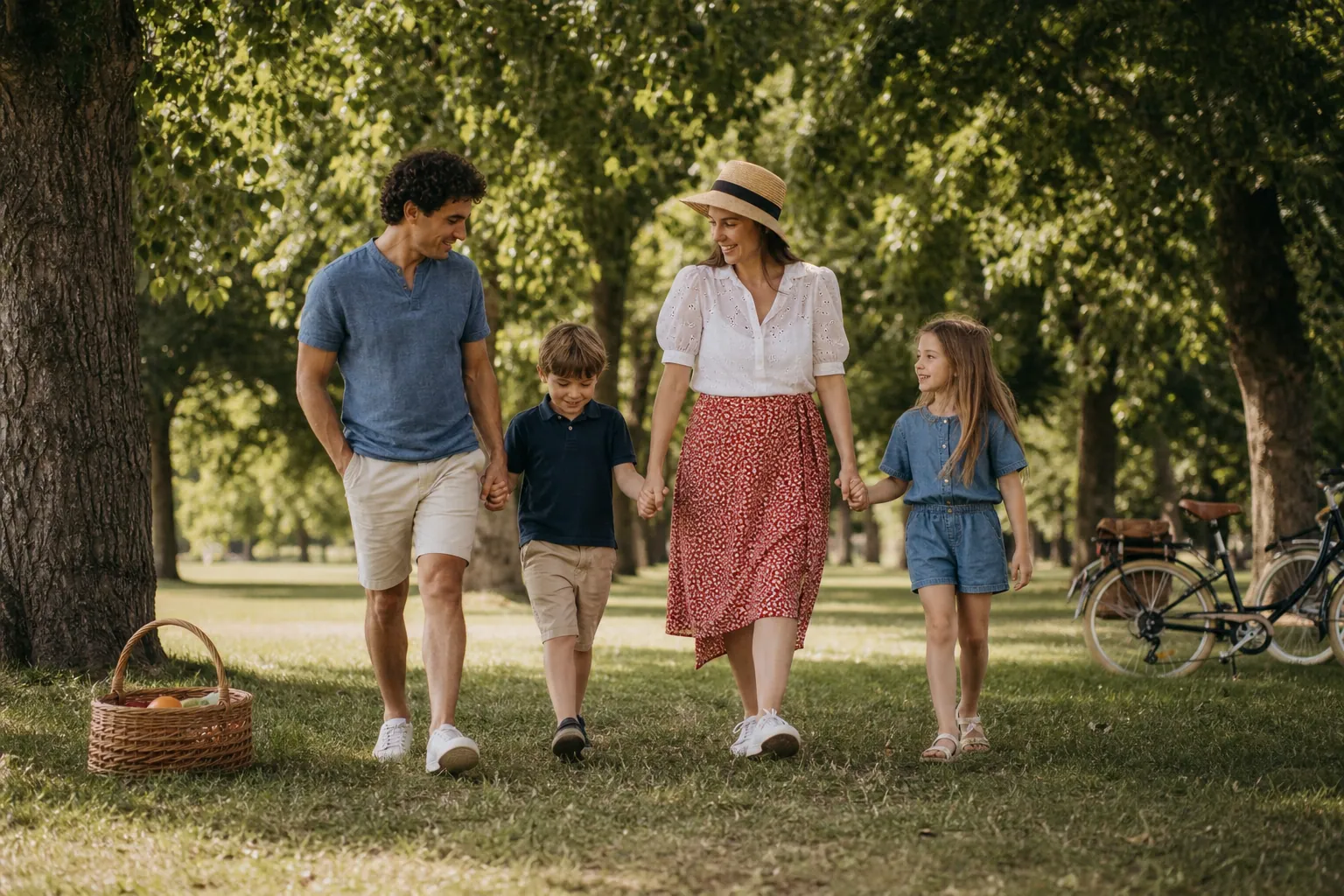 Famille française en balade dans un parc avec vélo et pique-nique
