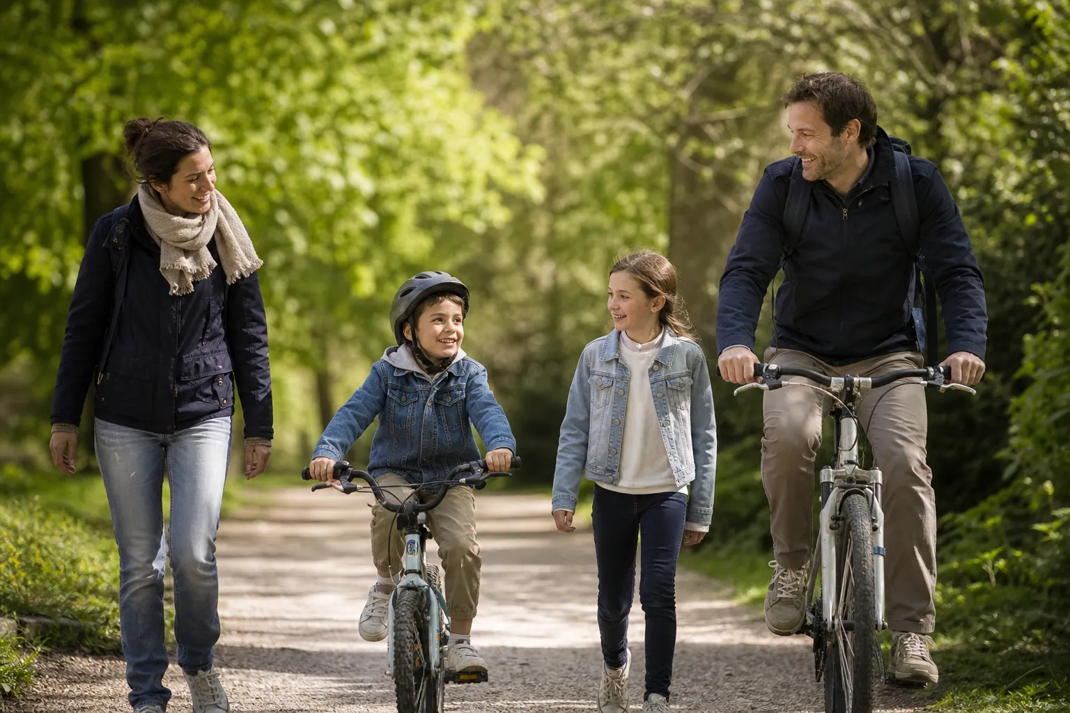 Famille française à vélo dans un parc, moment sportif et complice