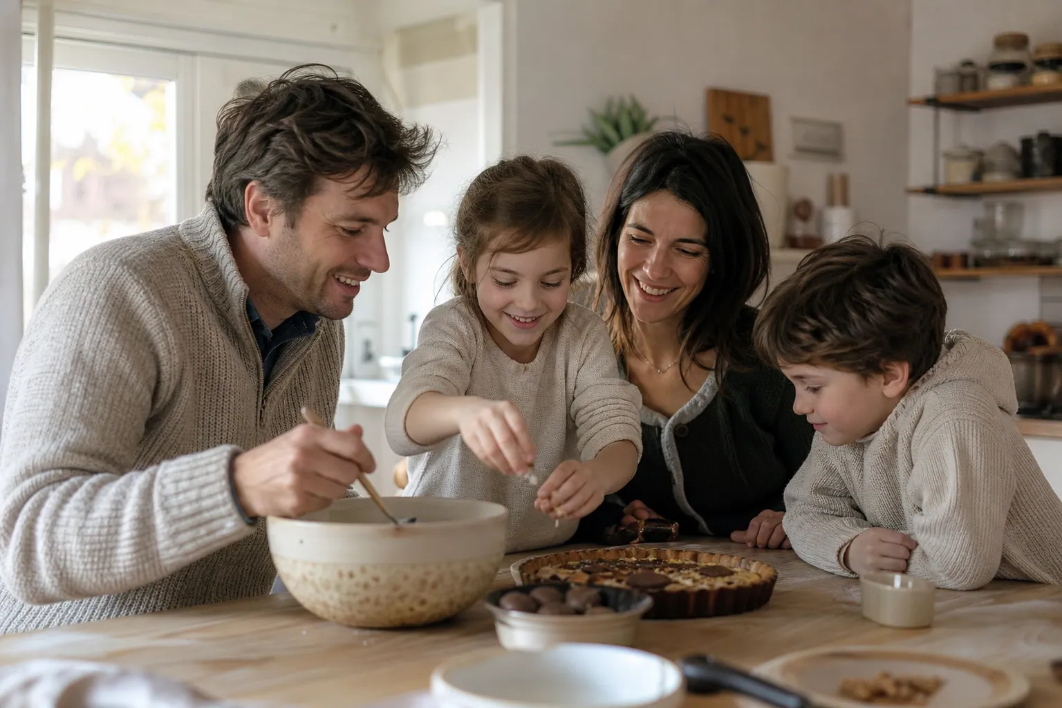 Famille française réunie autour d'un rituel simple à la maison, dans une ambiance chaleureuse.