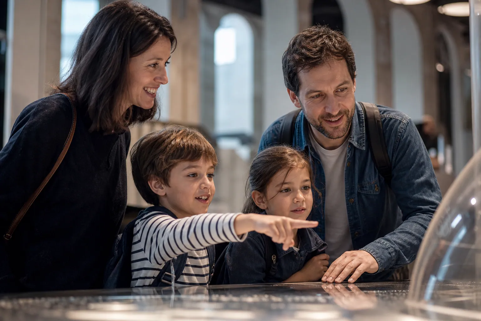 Famille française curieuse dans un musée interactif, enfants et parents en découverte
